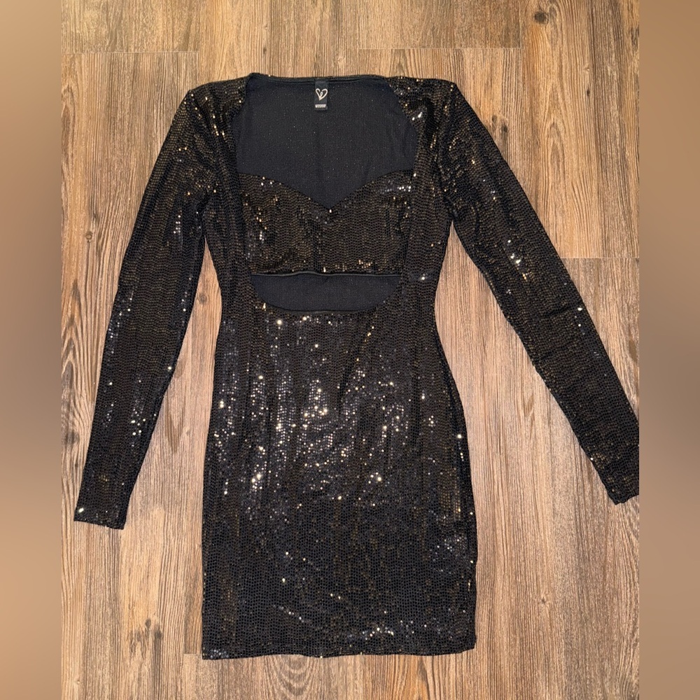 Black Sequin Long Sleeve Dress With Slit Front Cutout